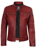 Austin Womens Red Cafe Racer Style Leather Jacket