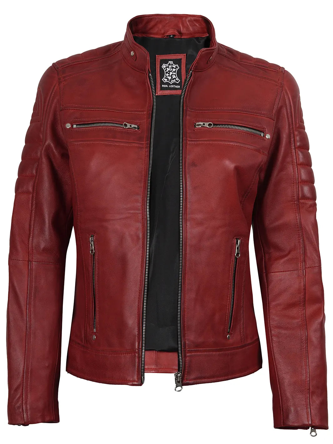 Austin Womens Red Cafe Racer Style Leather Jacket