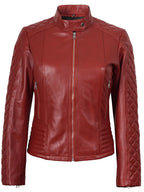 Womens Red Quilted Cafe Racer Leather Jacket