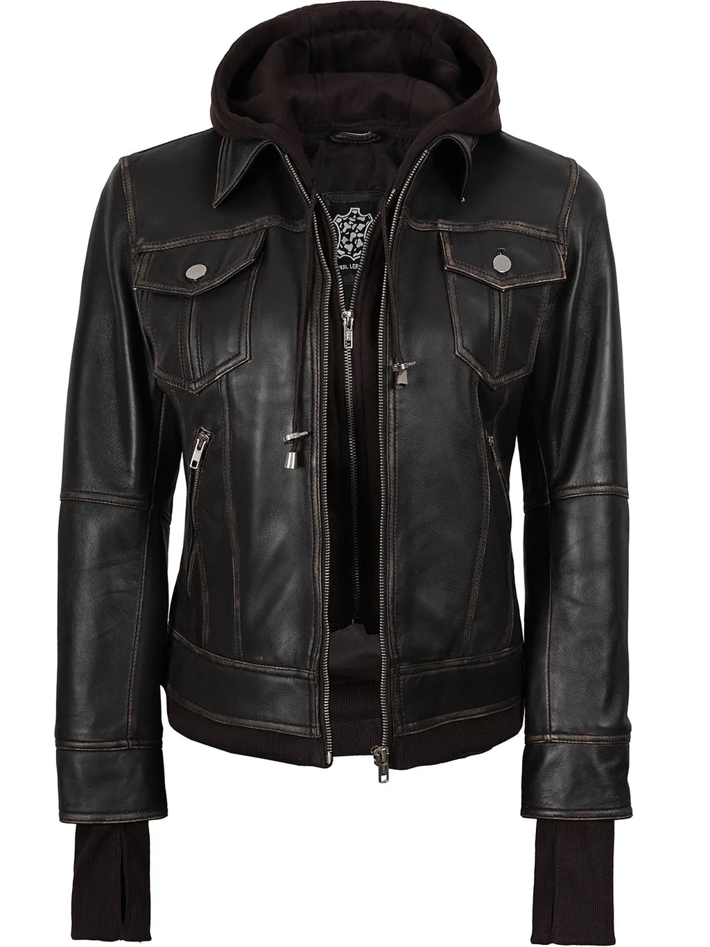 Tralee Women Dark Brown Bomber Leather Jacket With Removable Hood