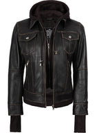 Tralee Women Dark Brown Bomber Leather Jacket With Removable Hood