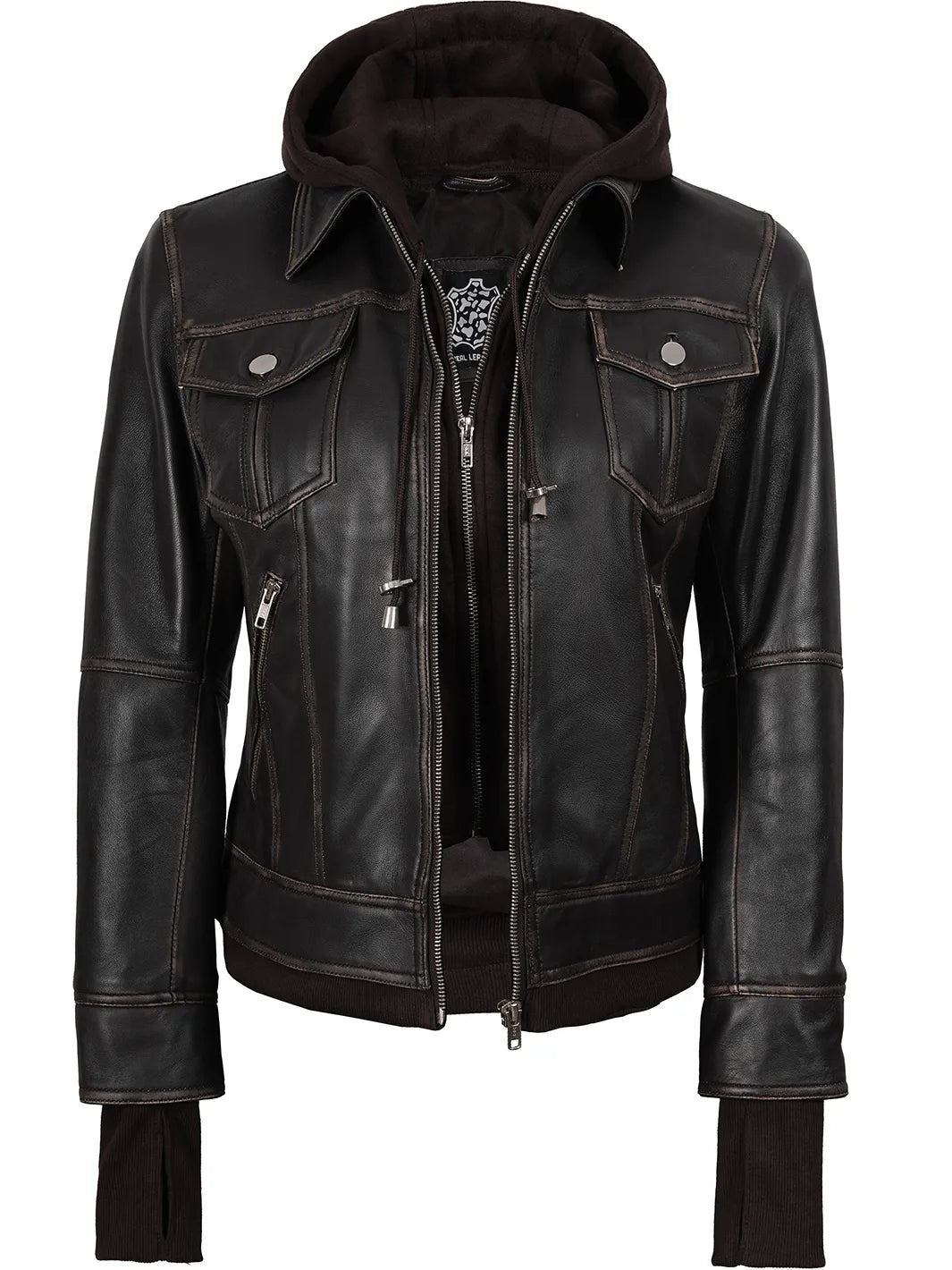 Tralee Women Dark Brown Bomber Leather Jacket With Removable Hood