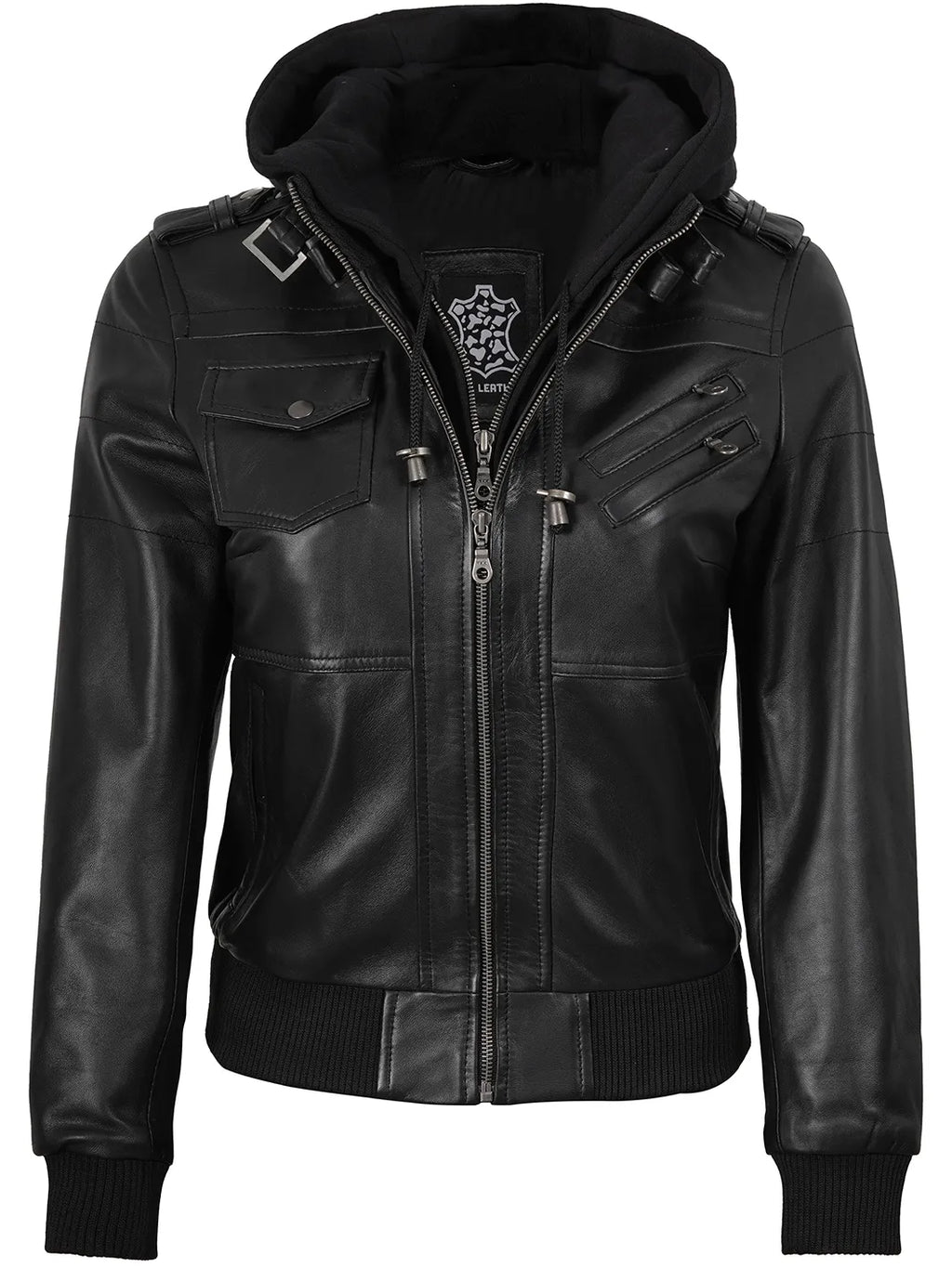 Edinburgh Women's Bomber Black Leather Jacket with Removable Hood
