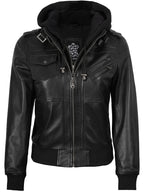 Edinburgh Women's Bomber Black Leather Jacket with Removable Hood