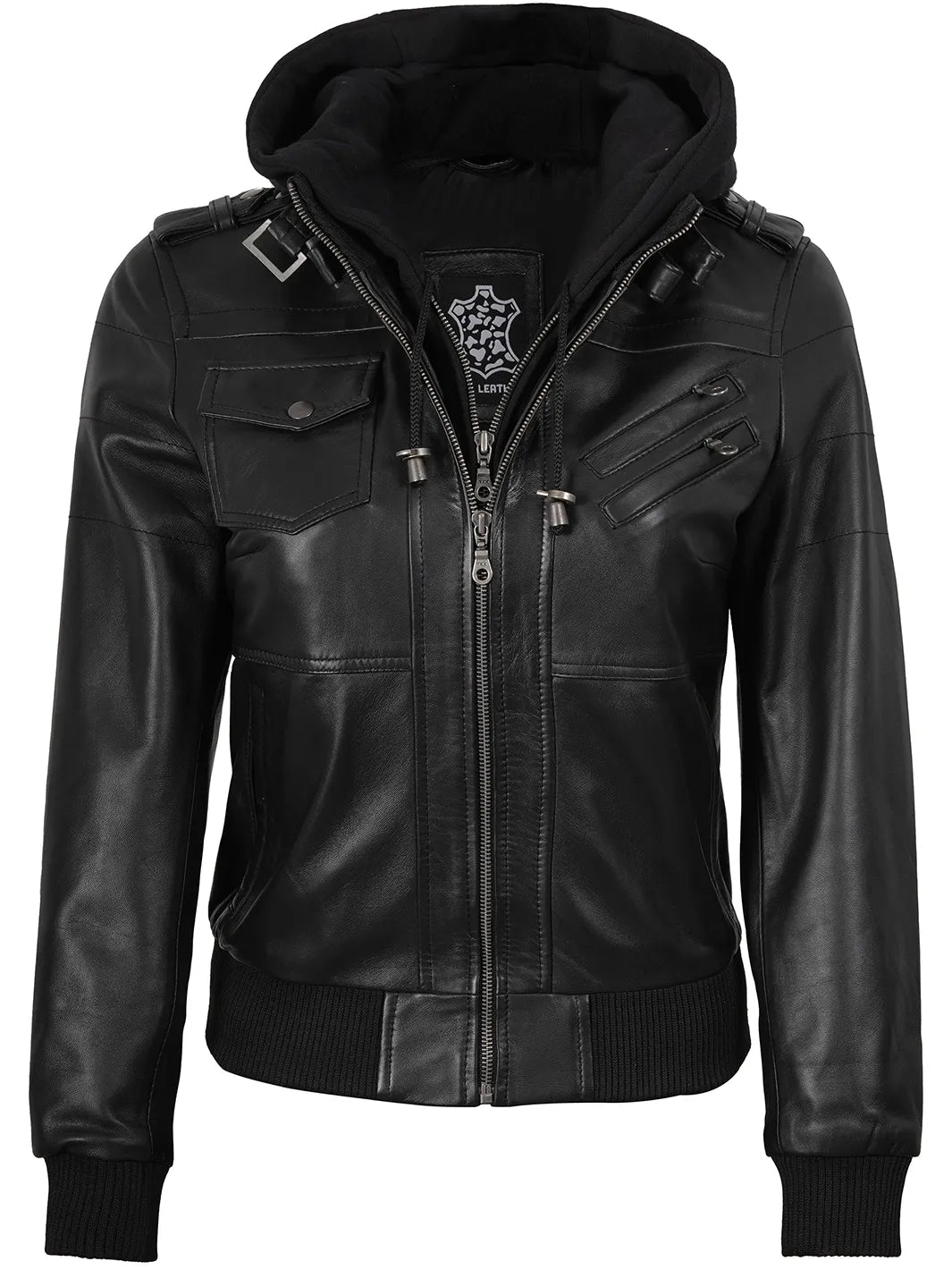 Edinburgh Women's Bomber Black Leather Jacket with Removable Hood