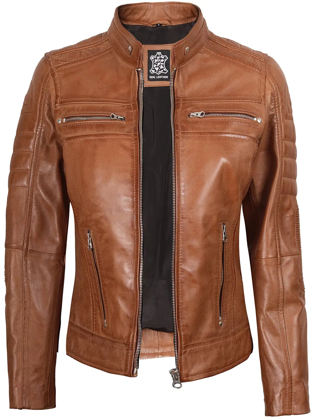 Austin Womens Tan Brown Biker Style Leather Jacket