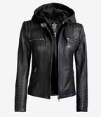 Women's Black Leather Jacket With Removable Hood