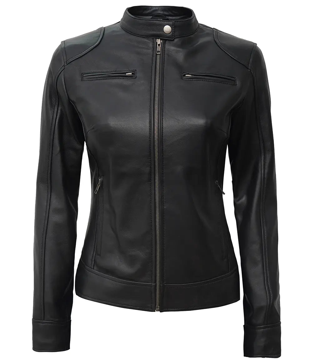 Dodge Petite Women's Black Lambskin Leather Biker Style Jacket