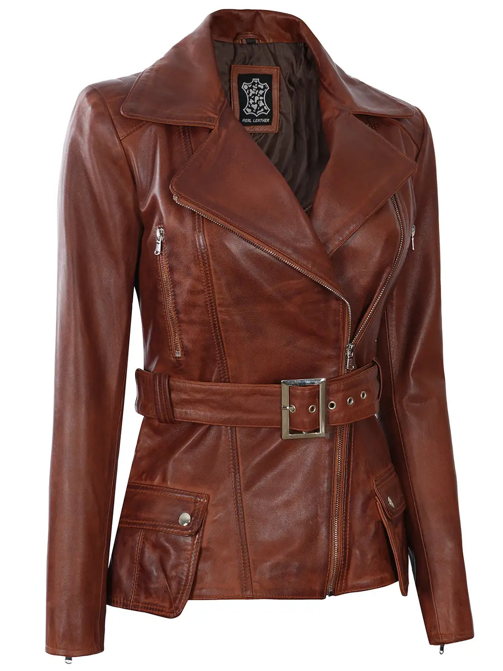 Cognac Wax Women Leather Biker Jacket