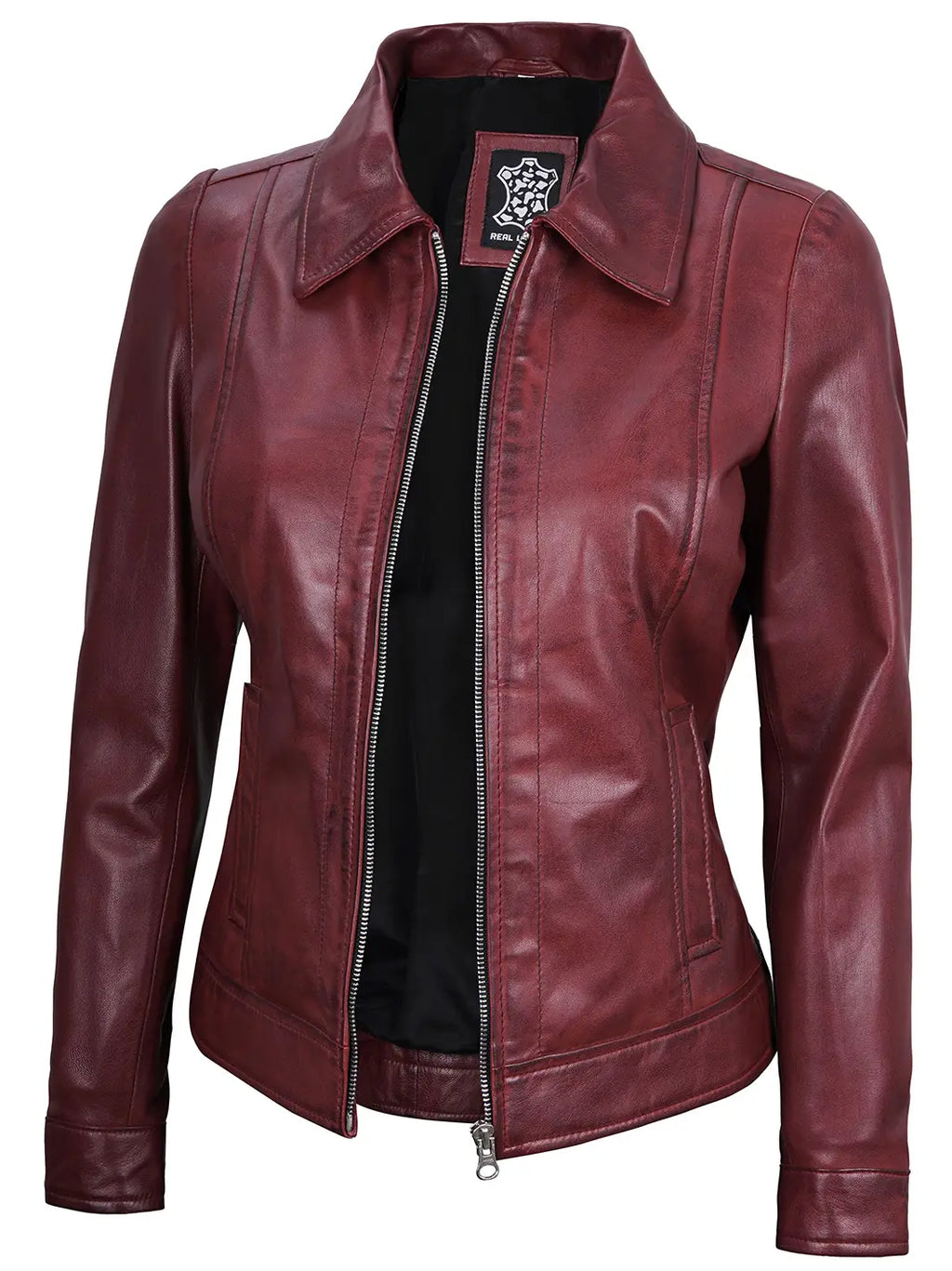 Women's Burgundy Harrington Real Leather Jacket