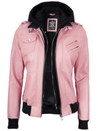 Women's Pink Leather Jacket with Removable Hood