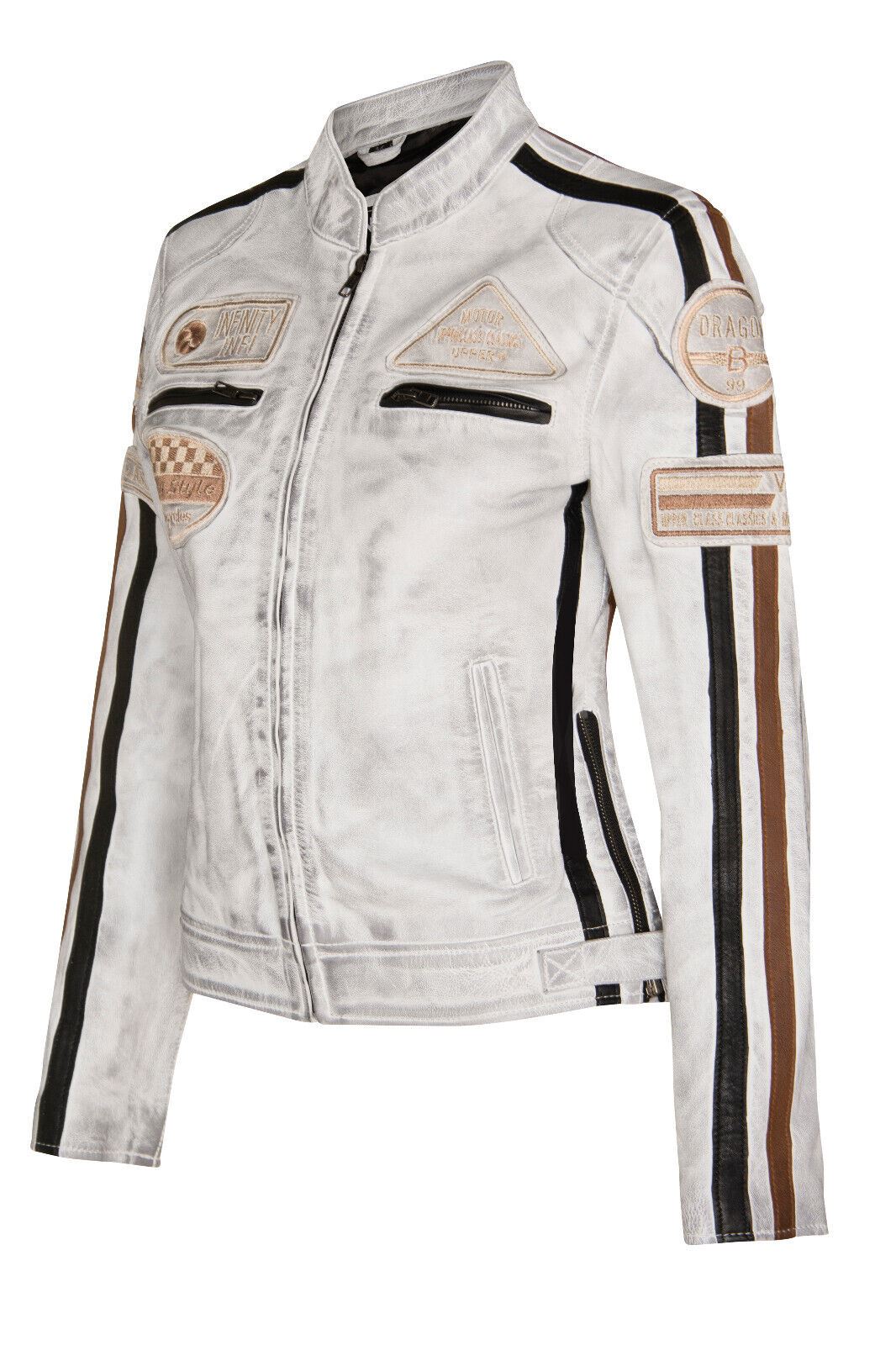Womens Leather Biker Racing Badges Jacket-Agadir
