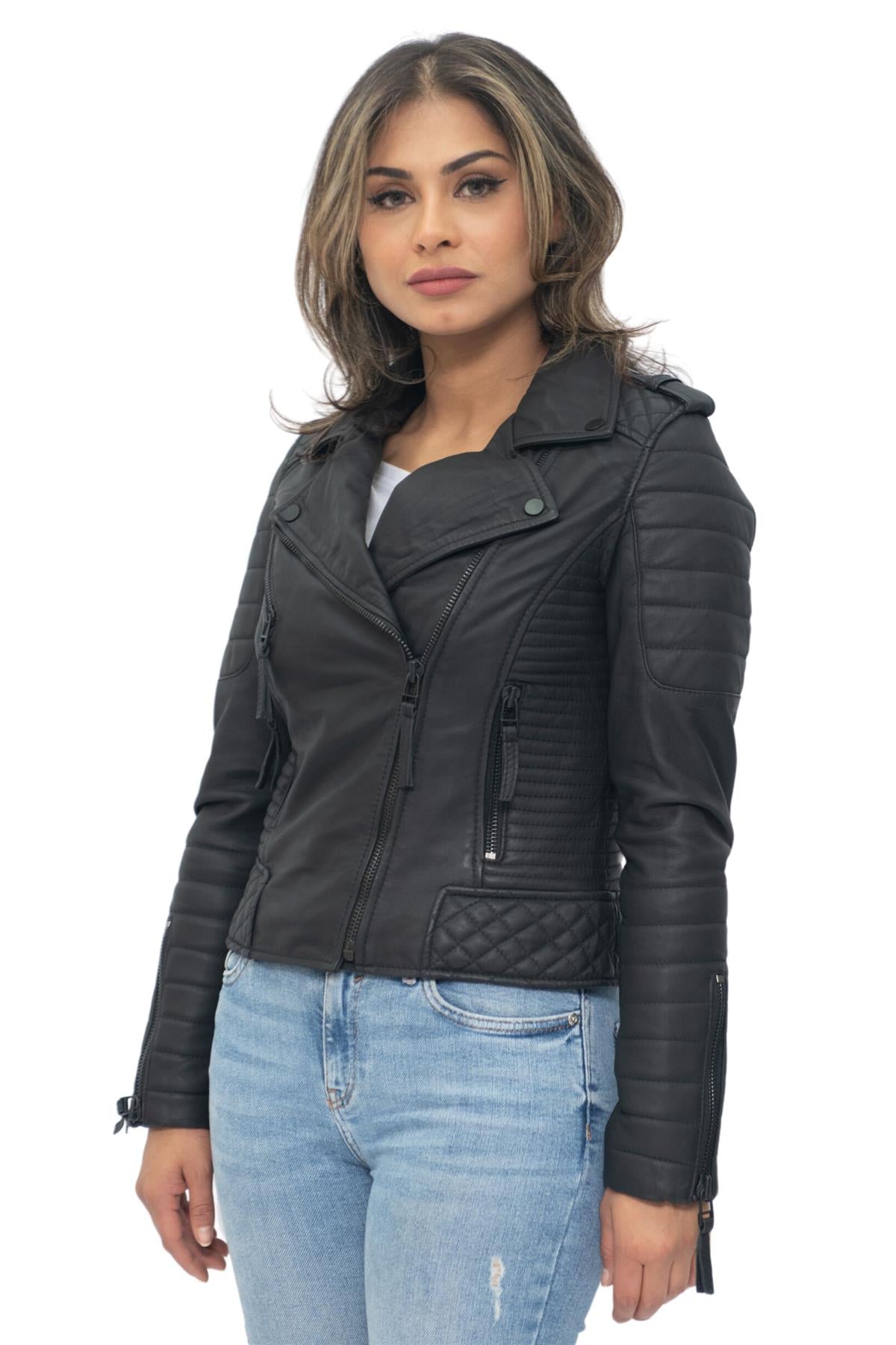 Womens Leather Quilted Vintage Brando Biker Jacket-Lusaka