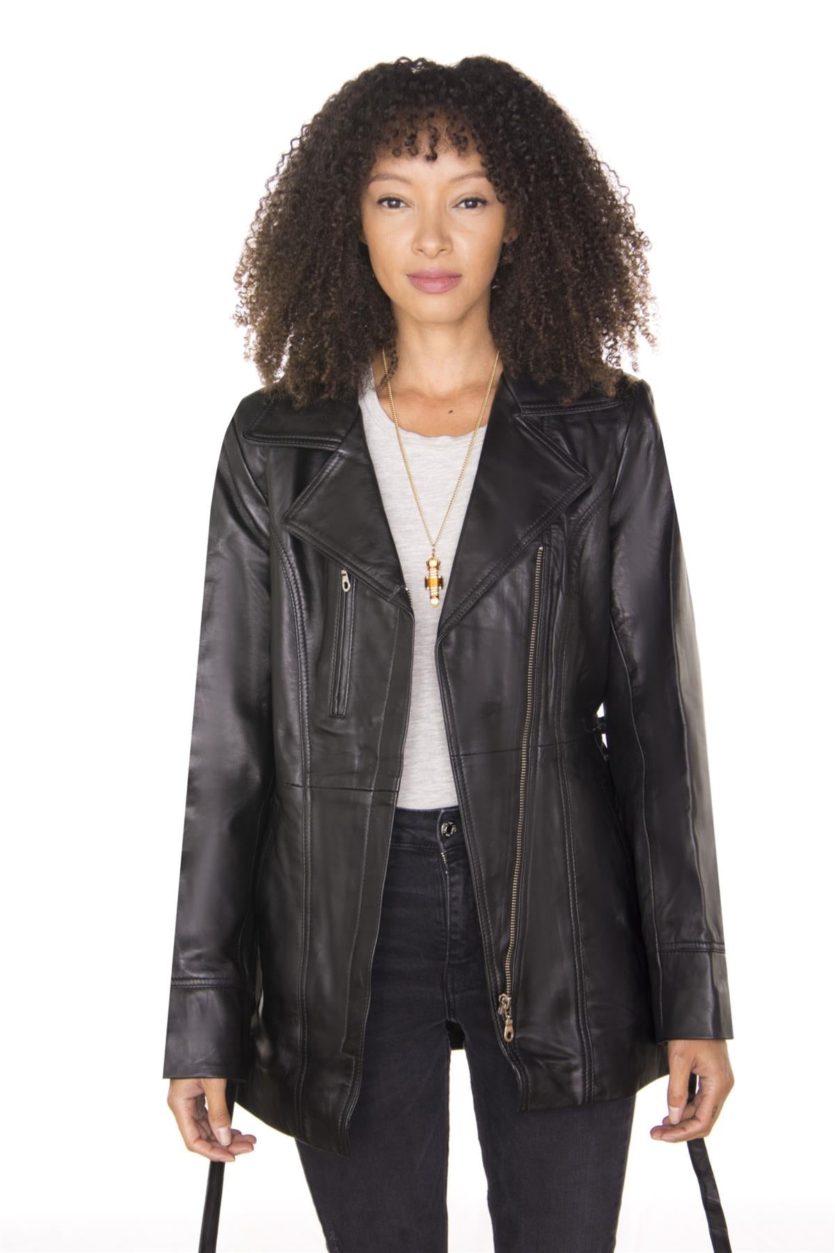 Womens Leather Long Biker Jacket-Muscat