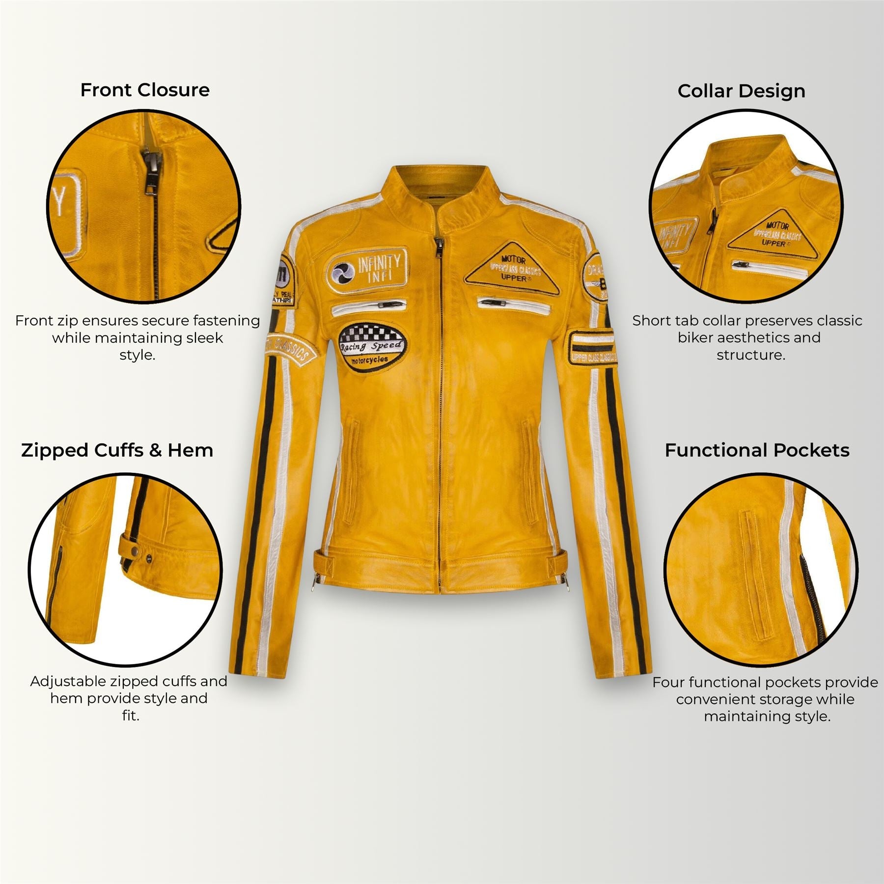 Womens Leather Biker Racing Badges Jacket-Agadir