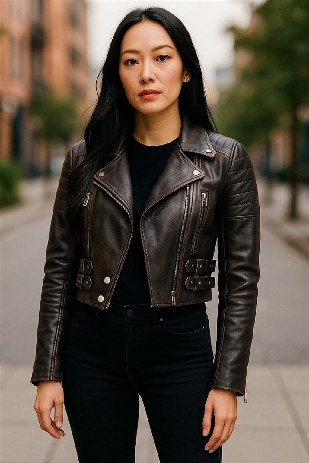 Womens Cropped Brando Leather Biker Jacket-Damascus