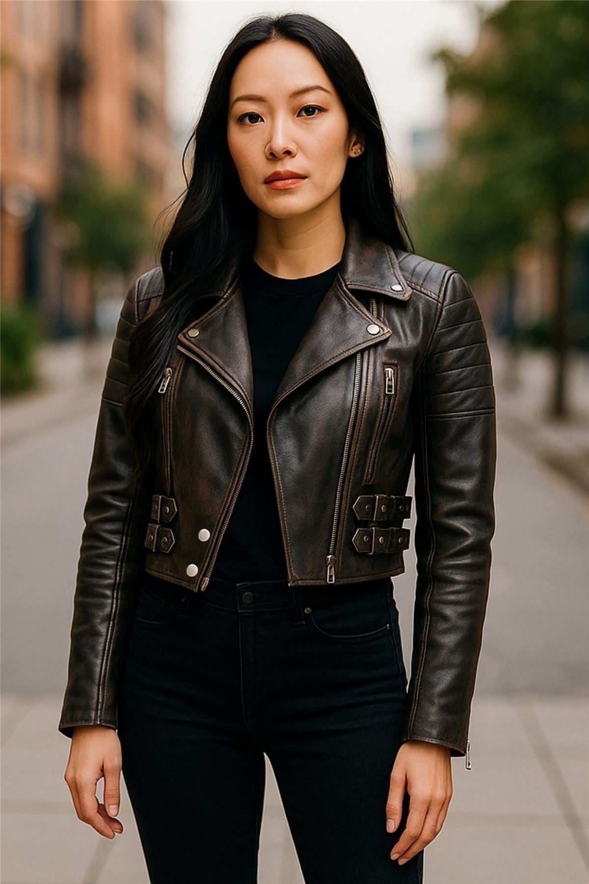 Womens Cropped Brando Leather Biker Jacket-Damascus