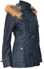 Womens Quilted Leather Hooded Parka Jacket-Northampton