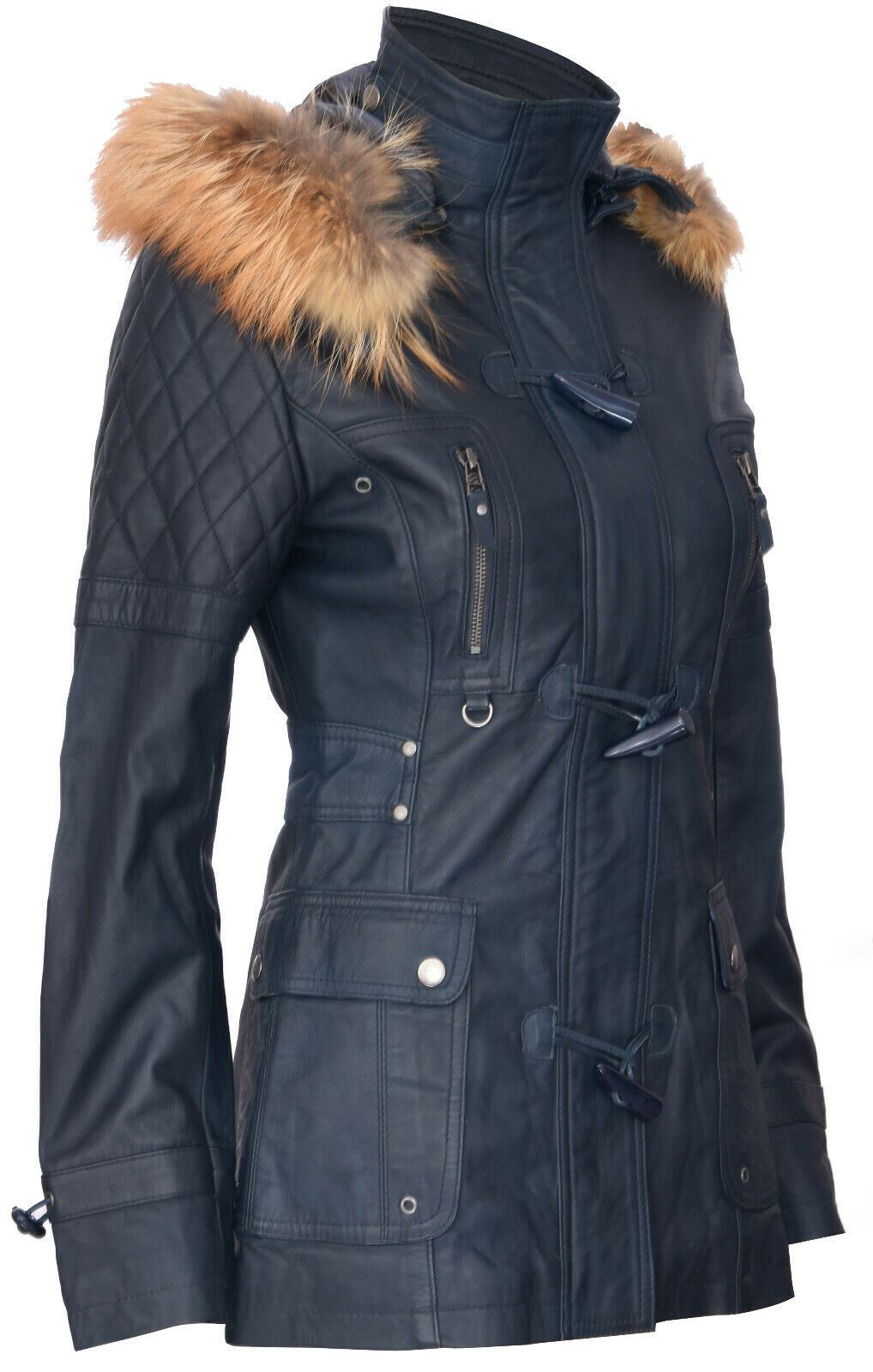 Womens Quilted Leather Hooded Parka Jacket-Northampton