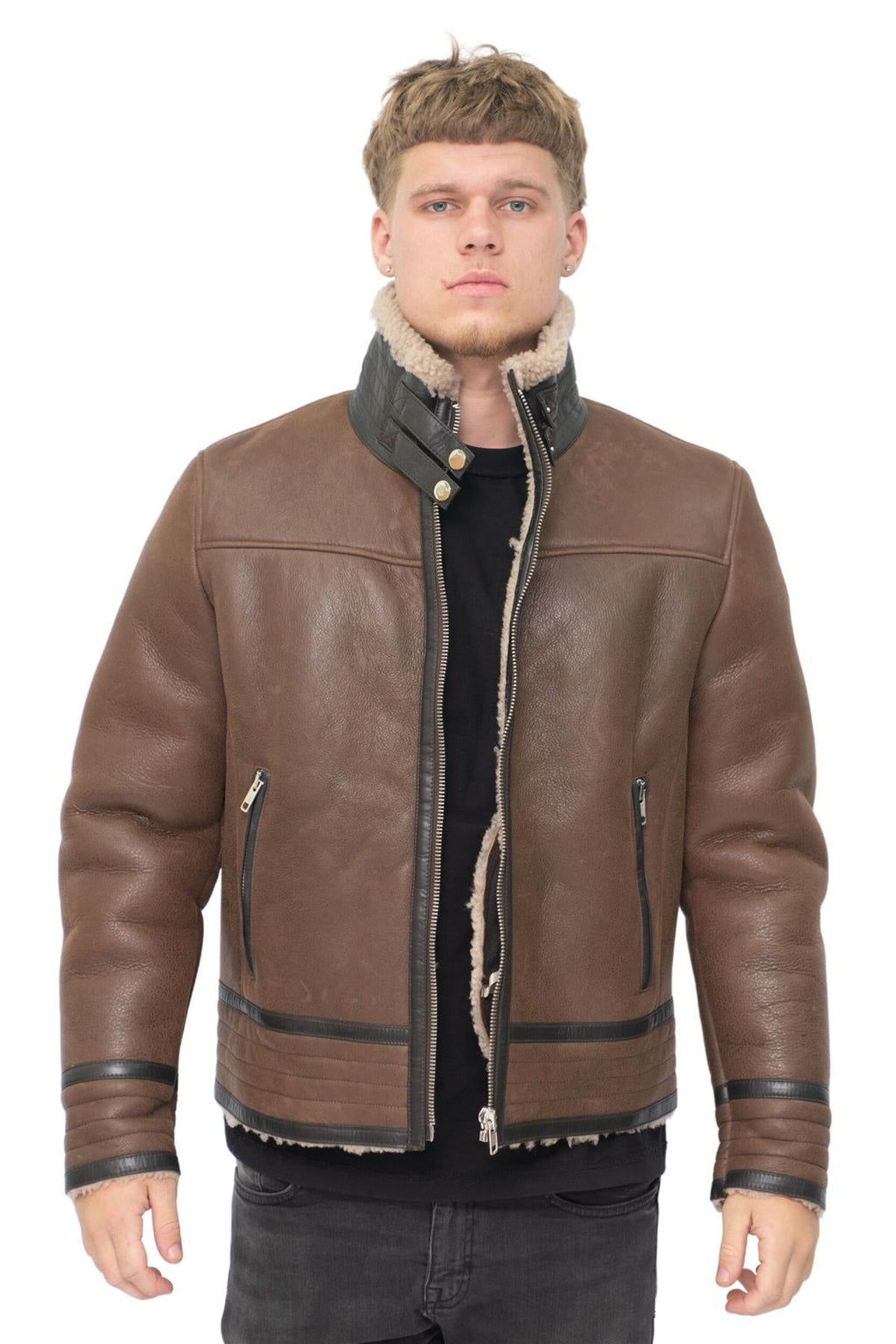 Mens Retro Pilot Sheepskin Leather Biker Jacket-Bogota