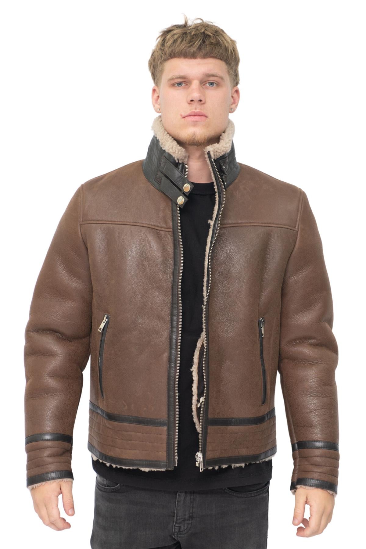 Mens Retro Pilot Sheepskin Leather Biker Jacket-Bogota