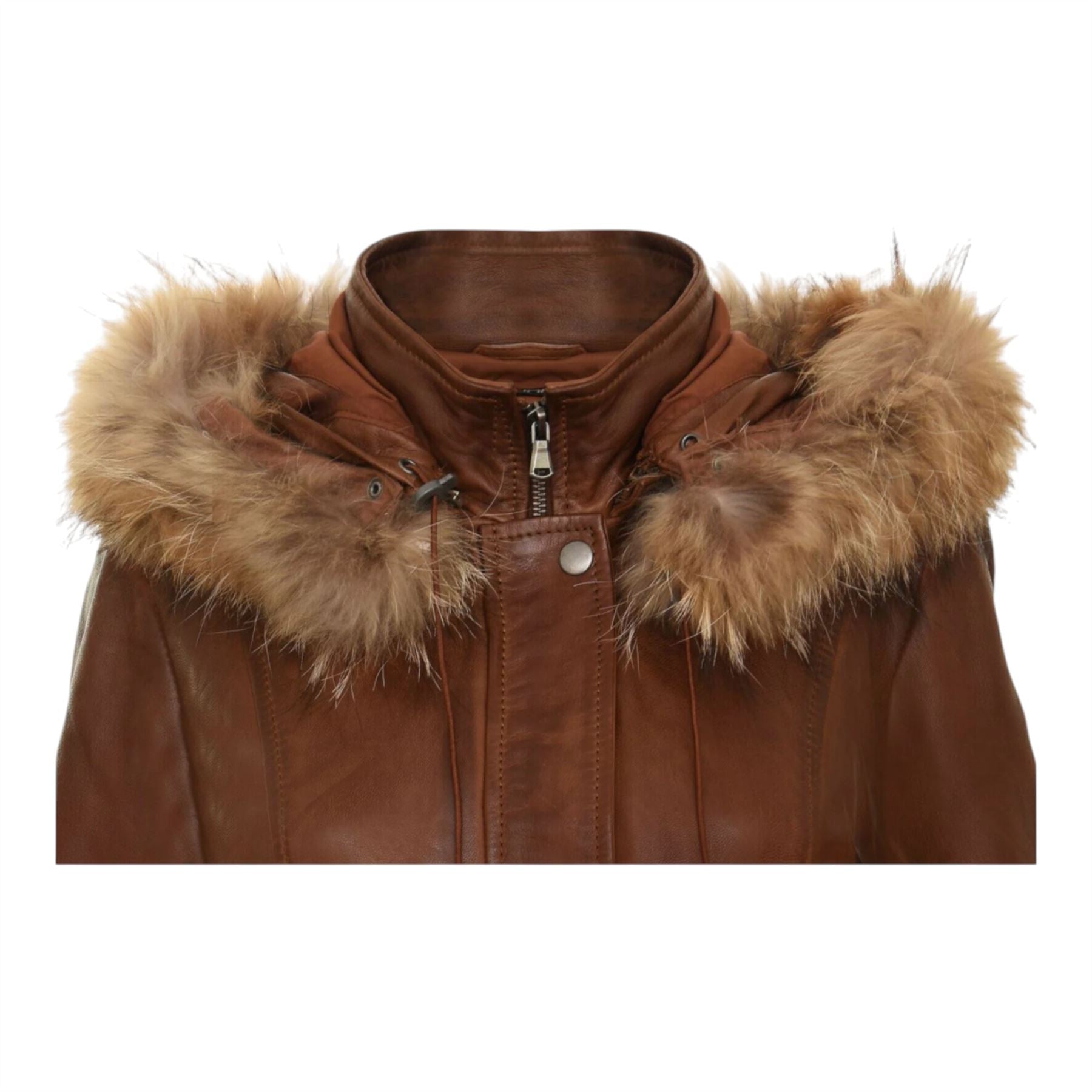 Womens Leather Hooded Parka Jacket-Putian