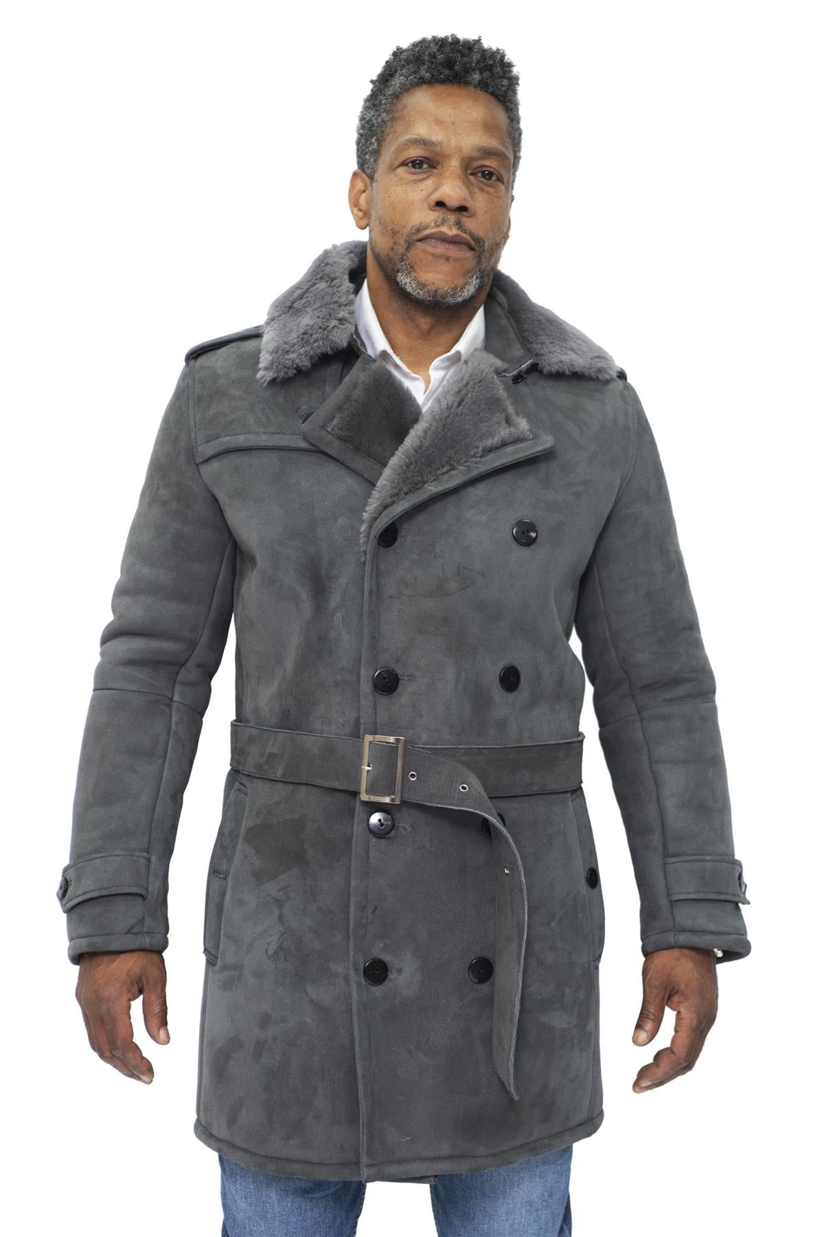 Mens Shearling Sheepskin Suede Pea Coat-Cali
