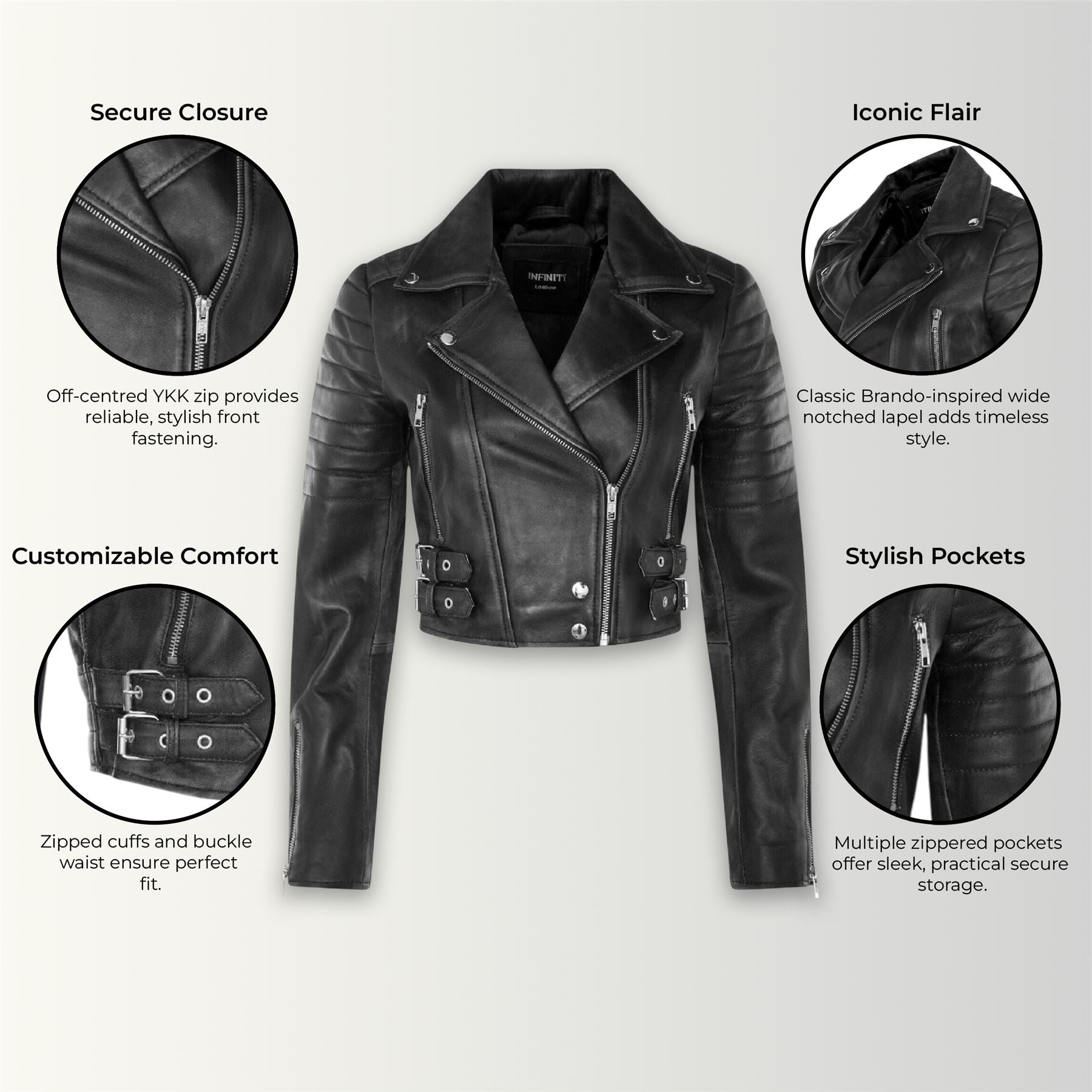 Womens Cropped Brando Leather Biker Jacket-Damascus
