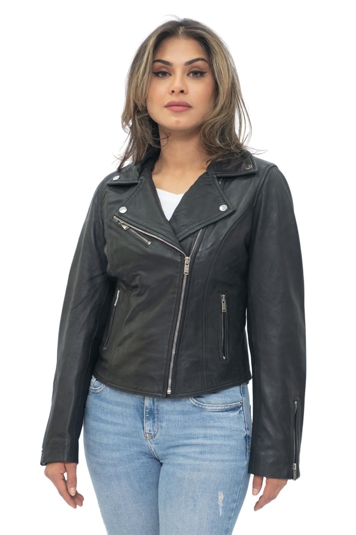 Womens Leather Classic Biker Brando Jacket-Baku