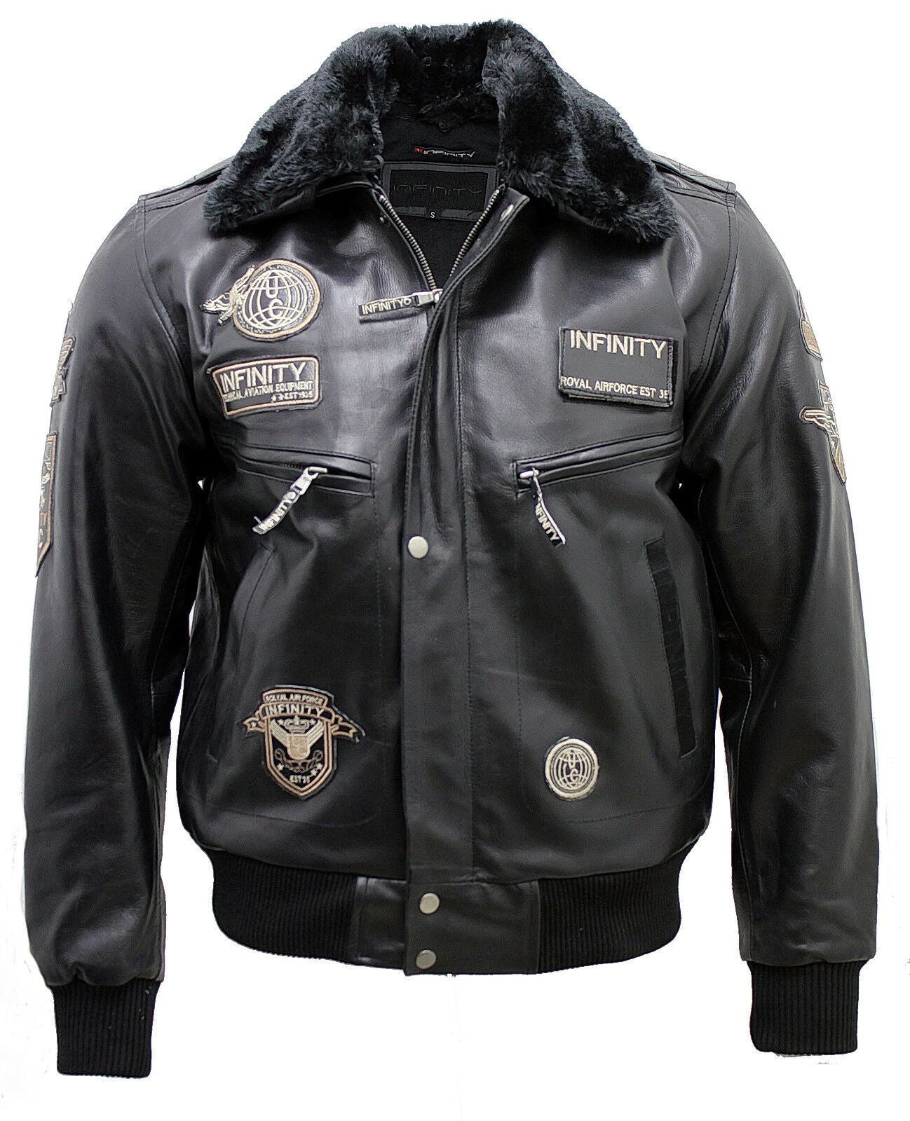Mens Cow Hide Detachable Collar Leather Flight Bomber Jacket