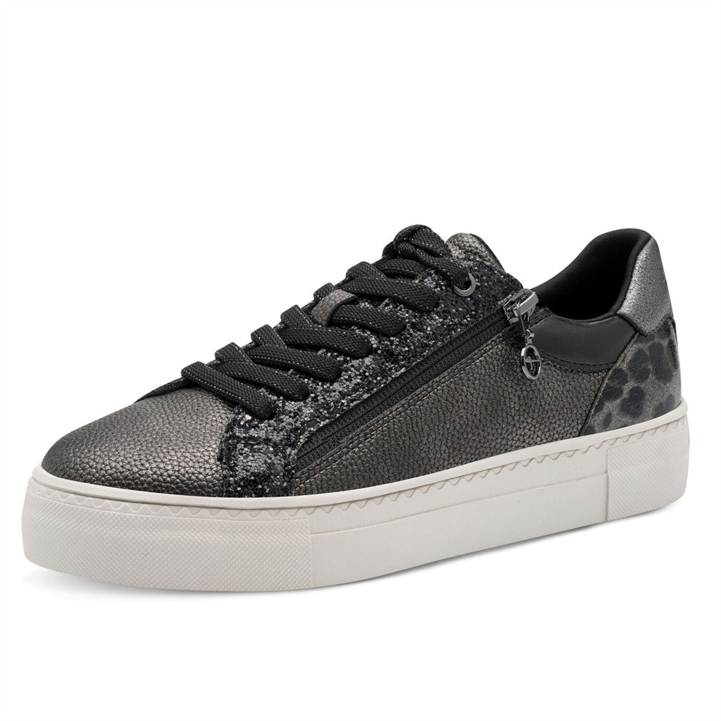 Tamaris Womens Pewter Silver Faux Leather Fashion Lace Up Sneakers