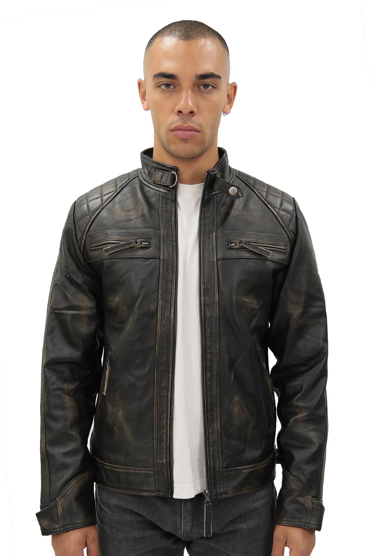 Men's Vintage Leather Quilted Biker Jacket-Monaco