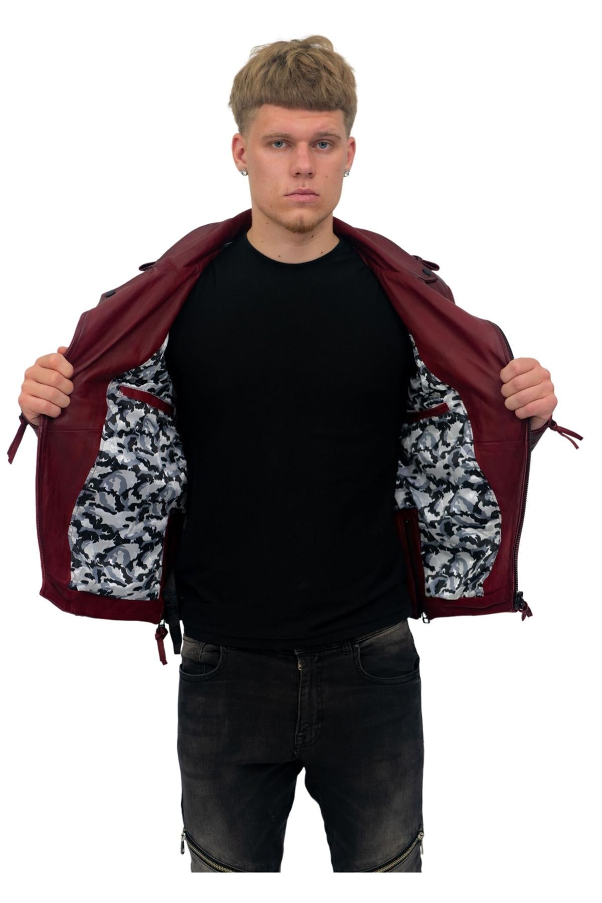 Mens Slim-Fit Double Zip Brando Leather Biker Jacket-Cairo