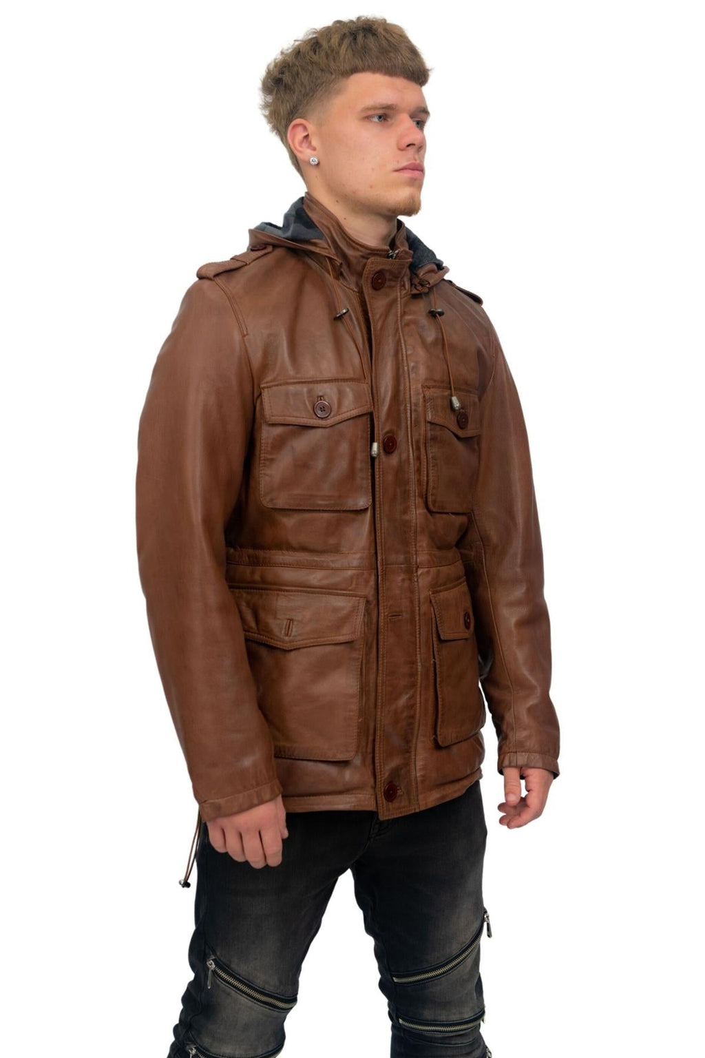 Mens Leather Hooded Trench Coat-Medellin