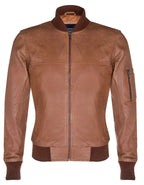 Mens Tan Brown Leather MA-1 Varsity Bomber Jacket