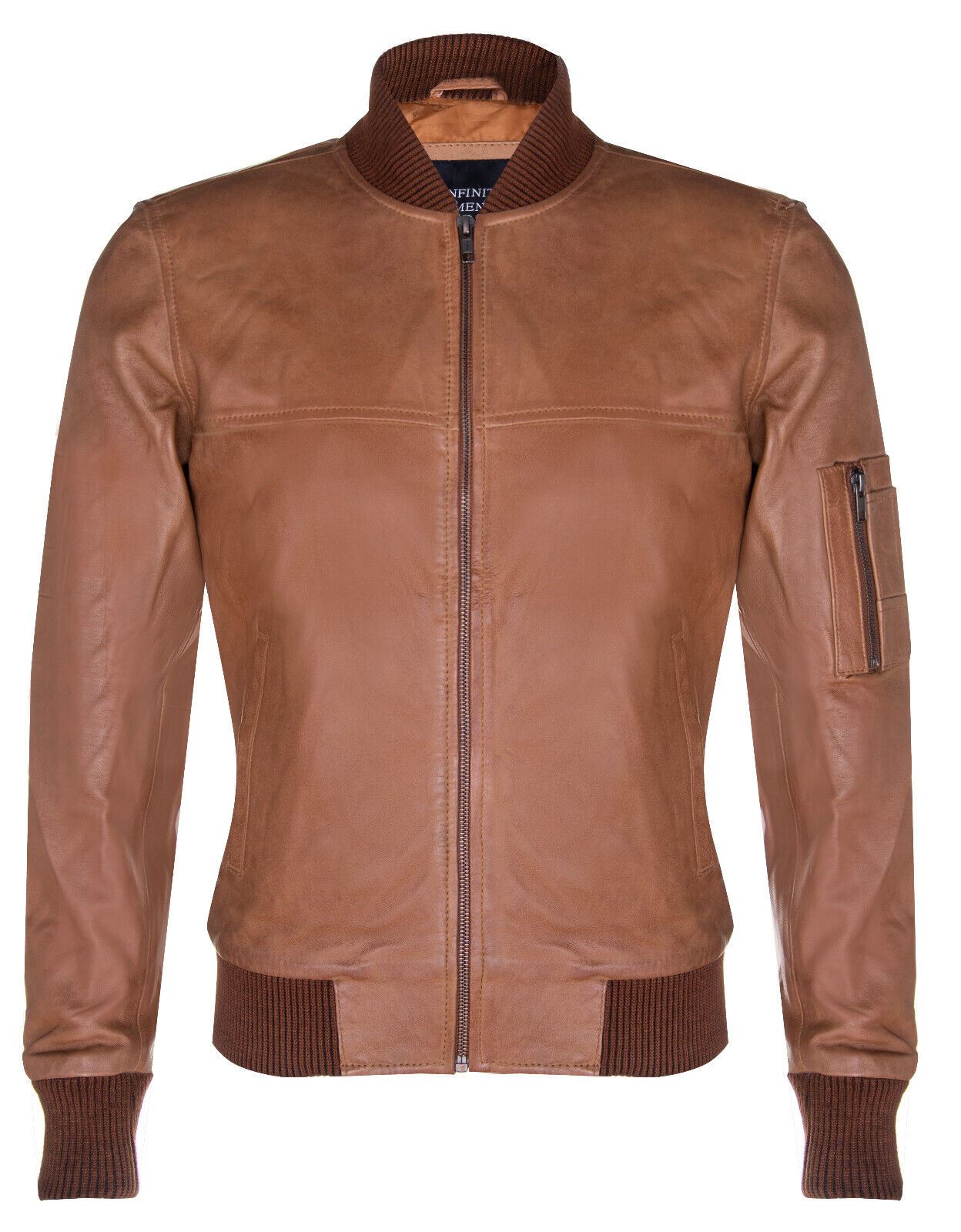 Mens Tan Brown Leather MA-1 Varsity Bomber Jacket