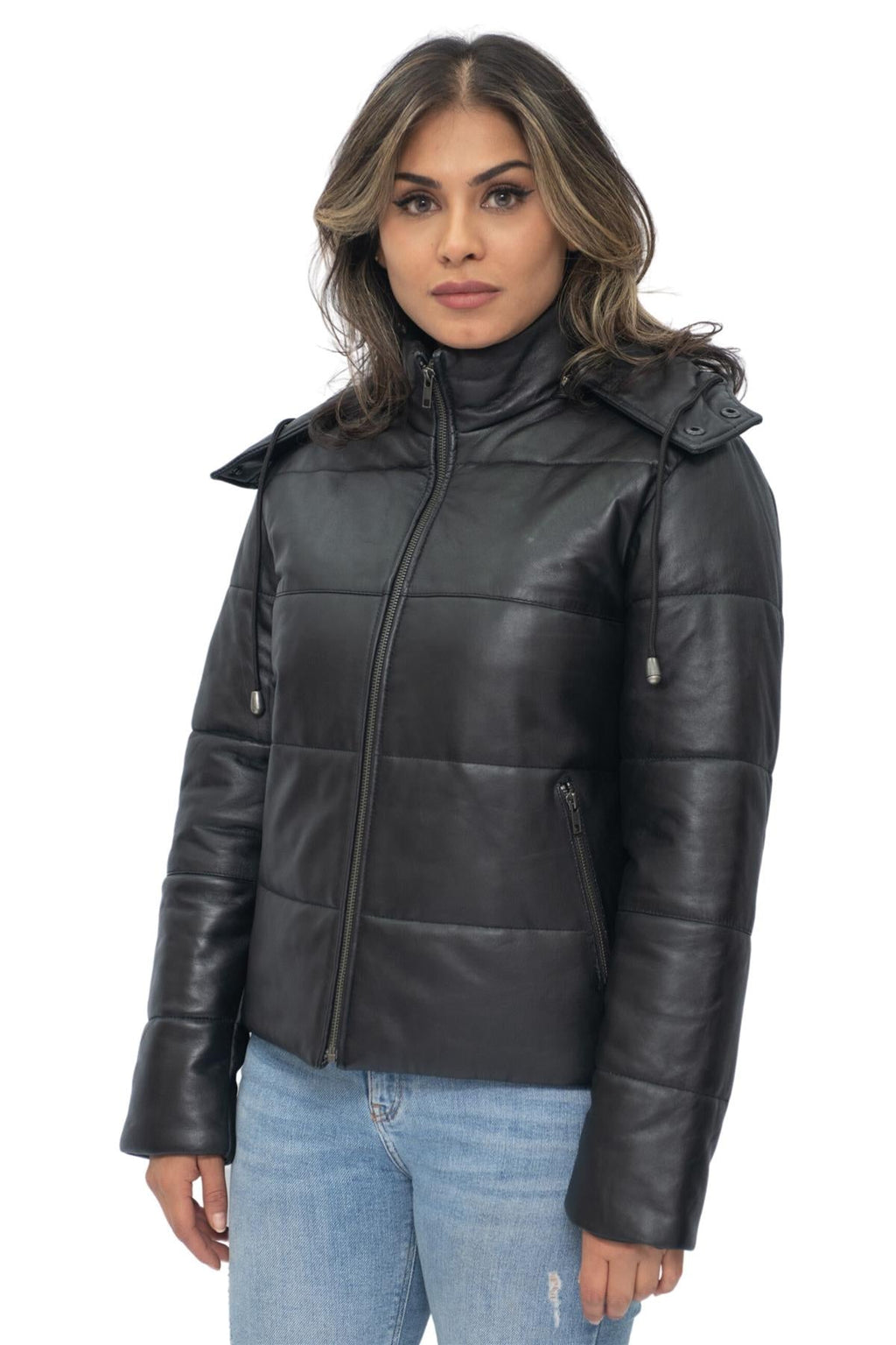 Womens Puffer Leather Bomber Jacket-Ajax