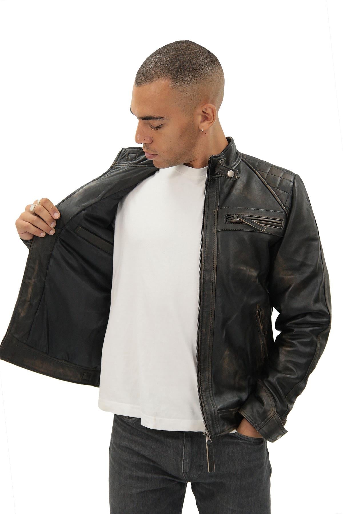 Men's Vintage Leather Quilted Biker Jacket-Monaco
