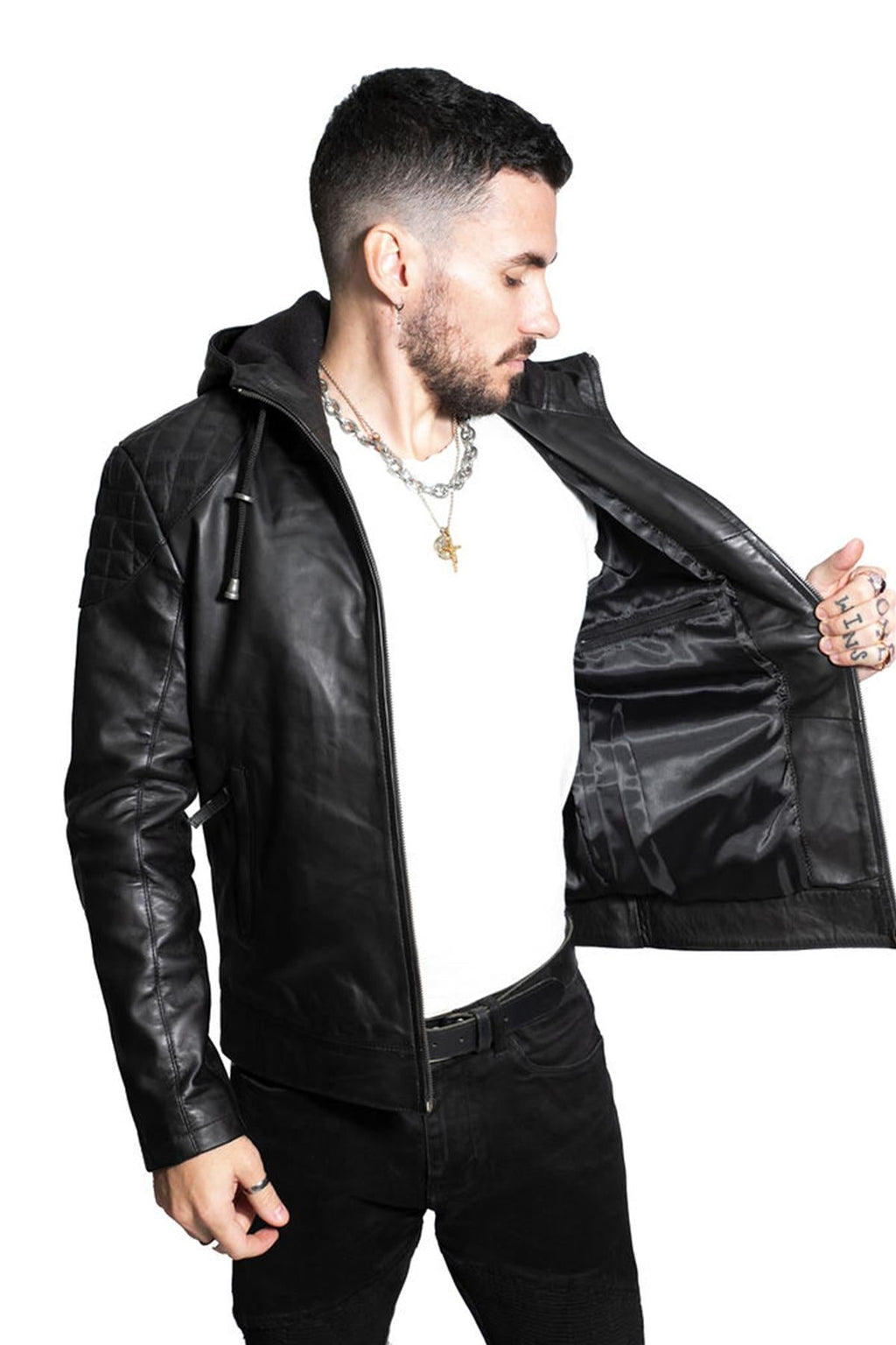 Mens Retro Hooded Leather Bomber Jacket-Zaria