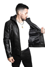 Mens Retro Hooded Leather Bomber Jacket-Zaria