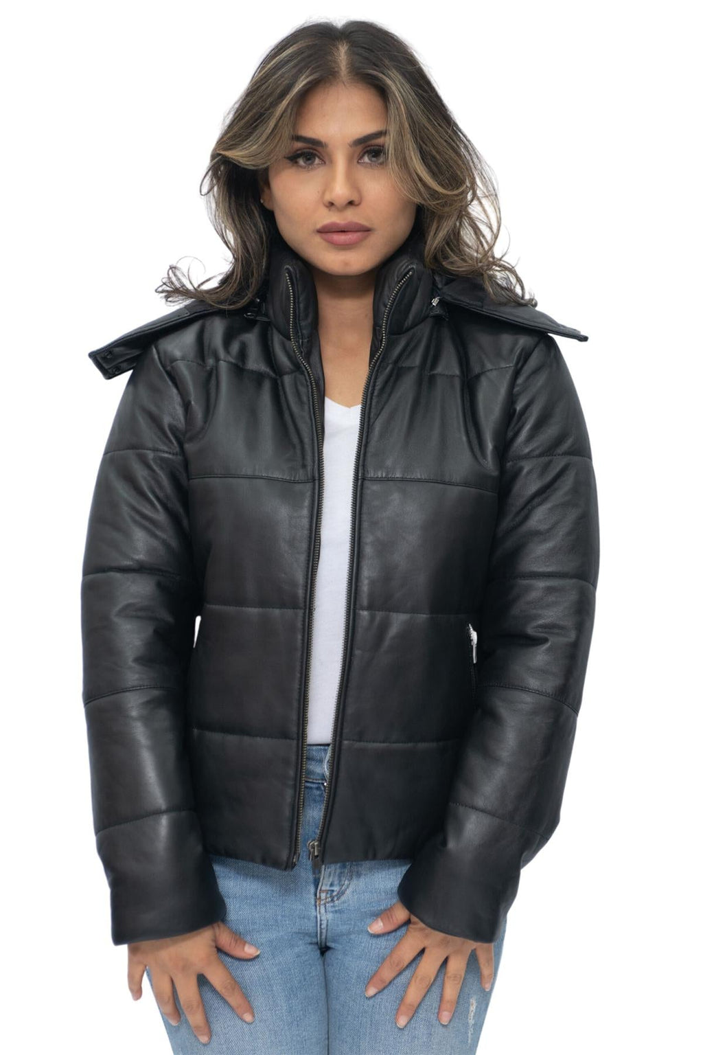 Womens Puffer Leather Bomber Jacket-Ajax