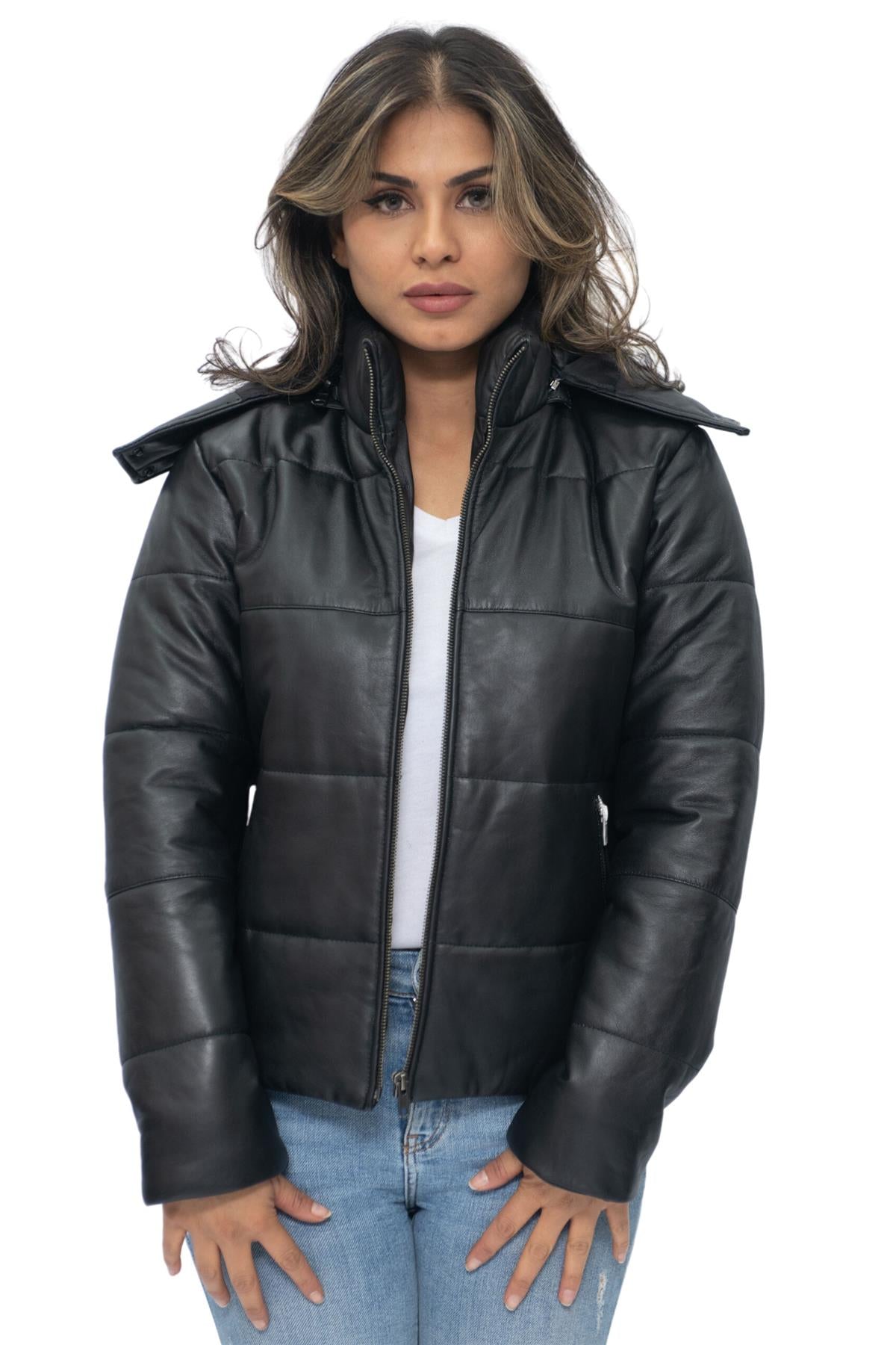 Womens Puffer Leather Bomber Jacket-Ajax