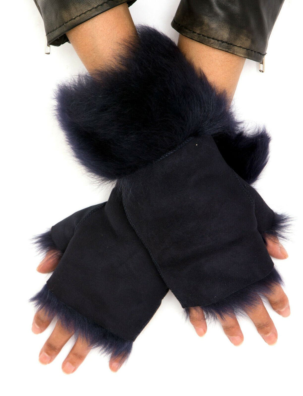 Womens Shearling  Mittens Fingerless Cuffs Toscana Suede Sheepskin Fur
