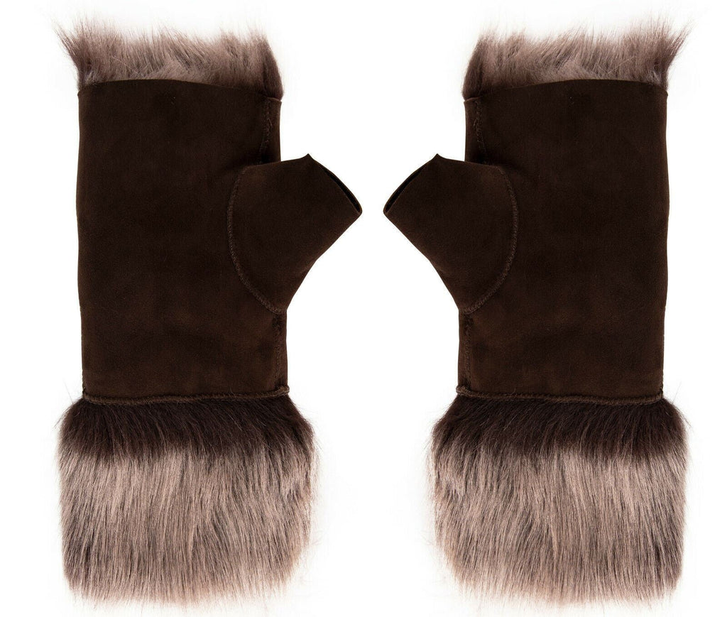 Womens Shearling  Mittens Fingerless Cuffs Toscana Suede Sheepskin Fur