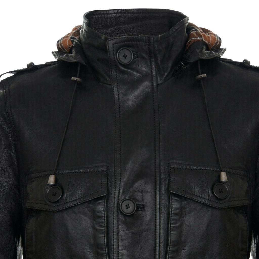 Mens Hooded Trench Multi-Pocket Overcoat Leather Jacket