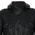 Mens Hooded Trench Multi-Pocket Overcoat Leather Jacket