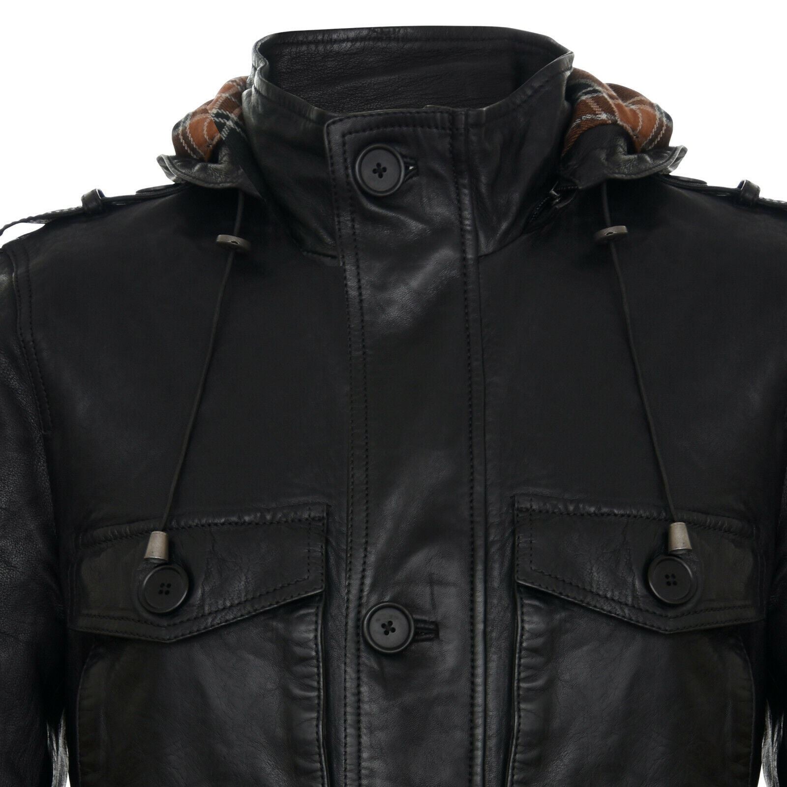 Mens Hooded Trench Multi-Pocket Overcoat Leather Jacket