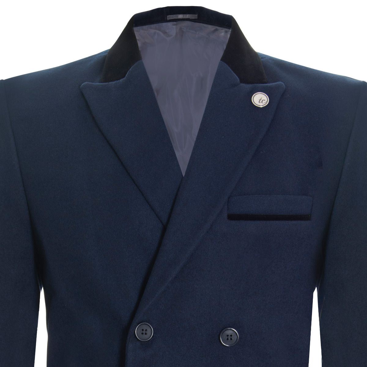 Mens 3/4 Long Double Breasted Navy Crombie Overcoat Wool Coat Peaky Blinders