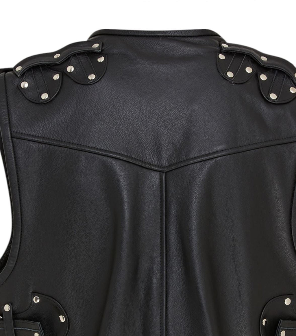 Men’s Black Biker Leather Waistcoat Metal Buckles Vest - Coolgardie