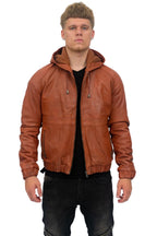 Men’s Casual Leather Hooded Bomber Jacket-Odesa